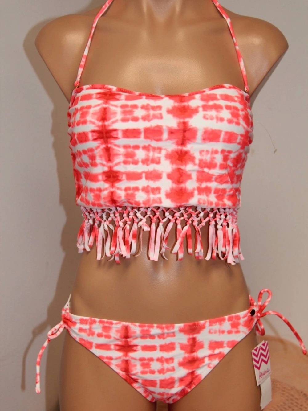 Raisins SWIM Coral and White Tie-Dye Bikini Set, Size: M, Fringe Bandeau, NWT